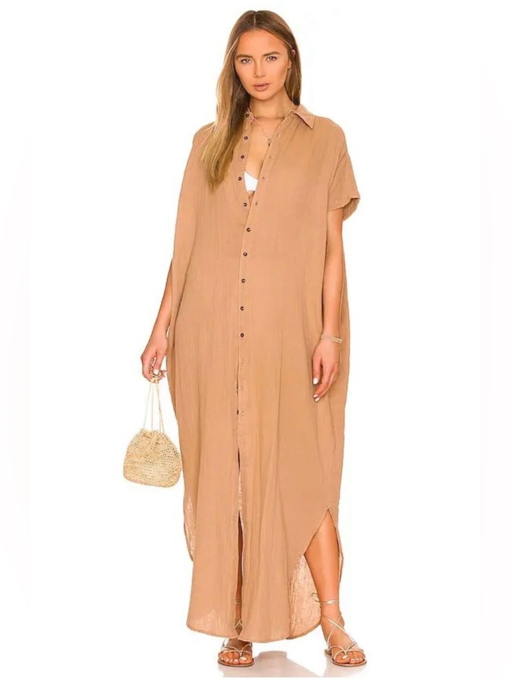 Acacia Oahu Gauze 100% Cotton Maxi Shirt Dress Swim Cover-Up Sz L NWT Beige Tea